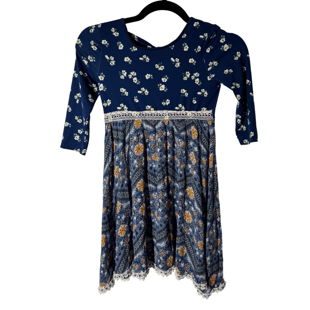 Kira & Jaxon Mixed Print Floral Paisley Dress 7 Navy Excellent Lace Back Bow